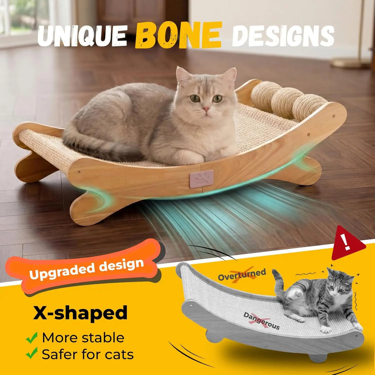 Sisal Cat Scratchers for Indoor Cats - 26.2' Large Cat Scratching Board, Wooden Cat Bed with Scratch Pad, Modern Cat Furniture f