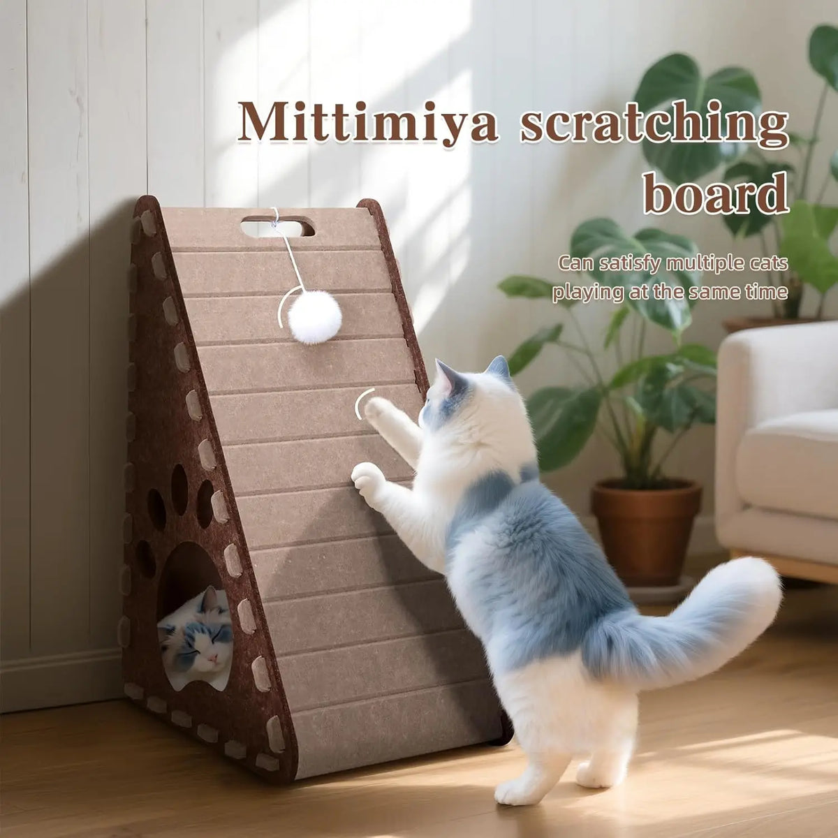 Triangle Felt Cat Scratcher for Indoor Cats - 3-in-1 Cat Scratch Pad with Cave & Ball Toy - Vertical Scratching Board Furniture