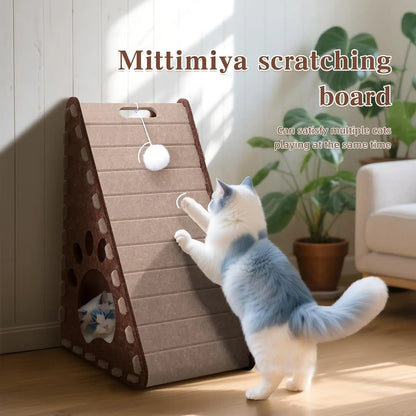 Triangle Felt Cat Scratcher for Indoor Cats - 3-in-1 Cat Scratch Pad with Cave & Ball Toy - Vertical Scratching Board Furniture
