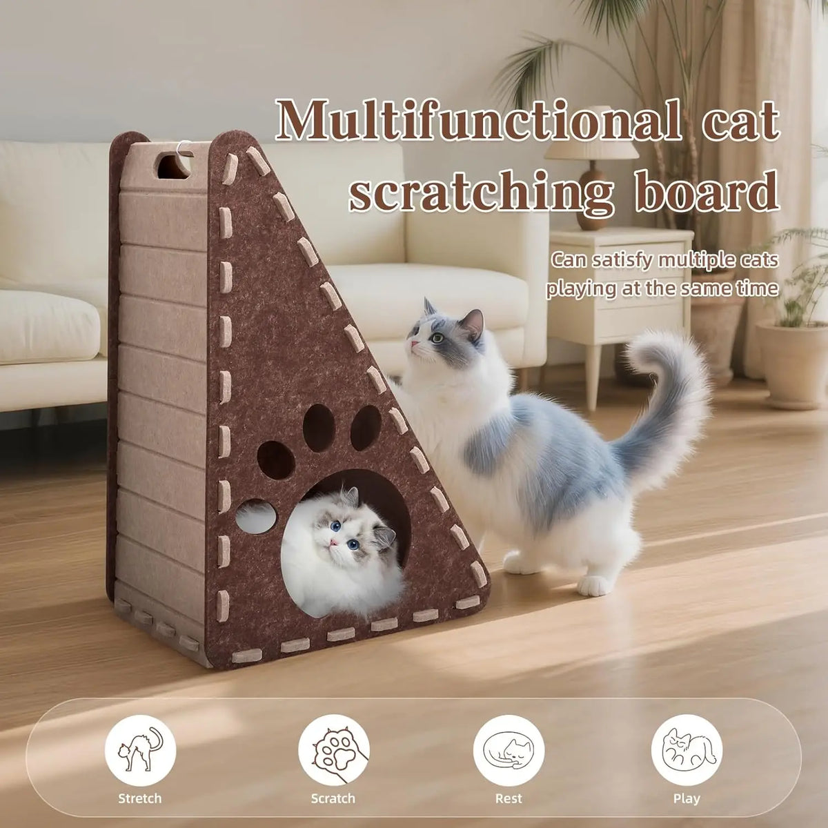 Triangle Felt Cat Scratcher for Indoor Cats - 3-in-1 Cat Scratch Pad with Cave & Ball Toy - Vertical Scratching Board Furniture