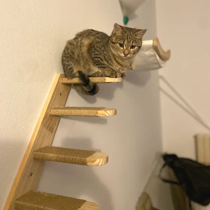 1 Piece Cat Wall Mounted Shelf Furniture Wooden Cat Bed and Scratcher Post with Climbing Ladder Steps for Kitten Play and Rest
