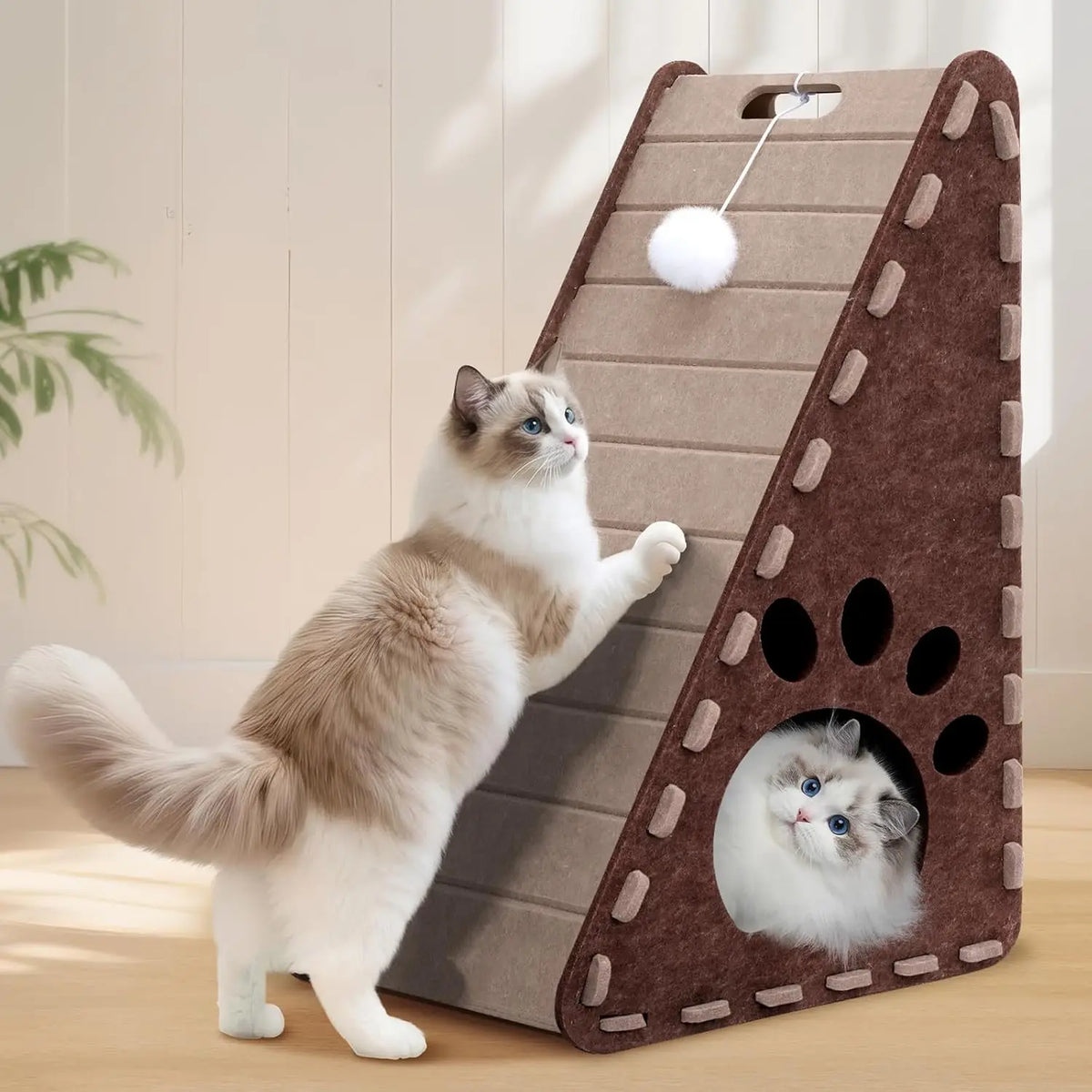Triangle Felt Cat Scratcher for Indoor Cats - 3-in-1 Cat Scratch Pad with Cave & Ball Toy - Vertical Scratching Board Furniture