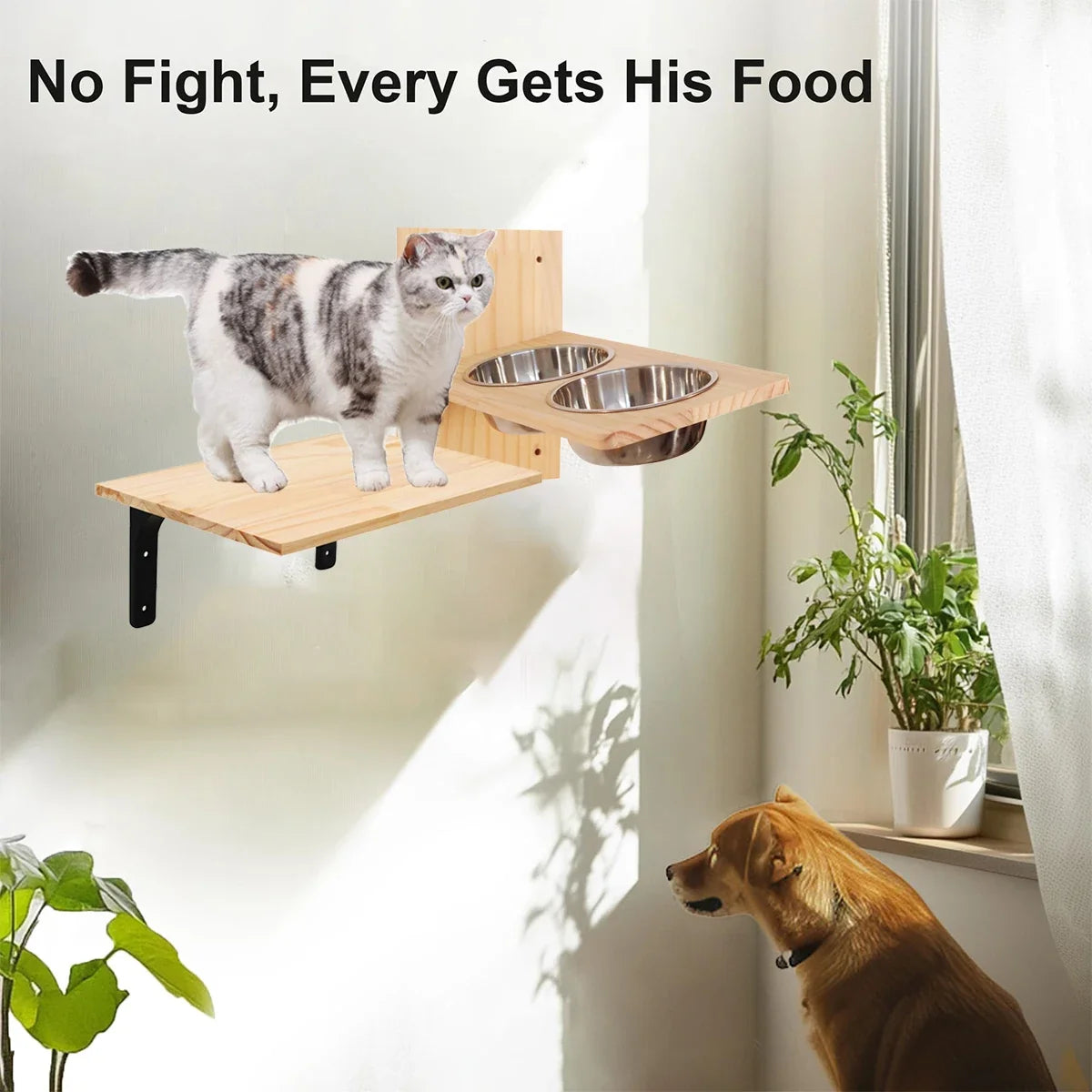 Cat Wall Shelves Cats Feeding Shelf with 2 Stainless Steel Bowls Wood Perch Suitable for Kitten Play Nap Eat Pet Wall Furniture