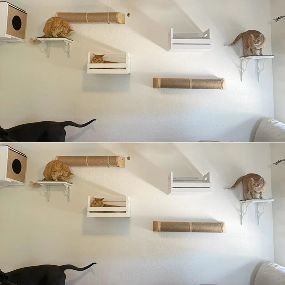 Wall Mounted Cat Wooden Basket Cat Shelf Perch Bed Sleeping Hammock Climbing Scratching Post Step Modern Cats Wall Furniture