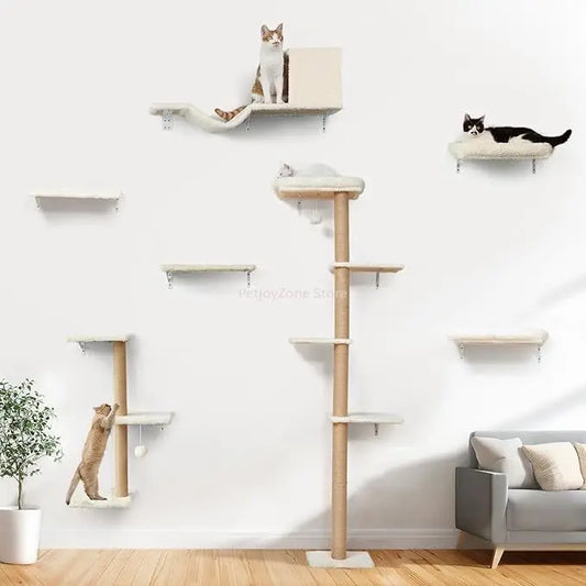 FUKUMARU Cat Wall Shelves, 7-in-1 Cat Furniture Set, Wooden Climbing Wall With Scratching Posts, Fits 16 Inch Drywall