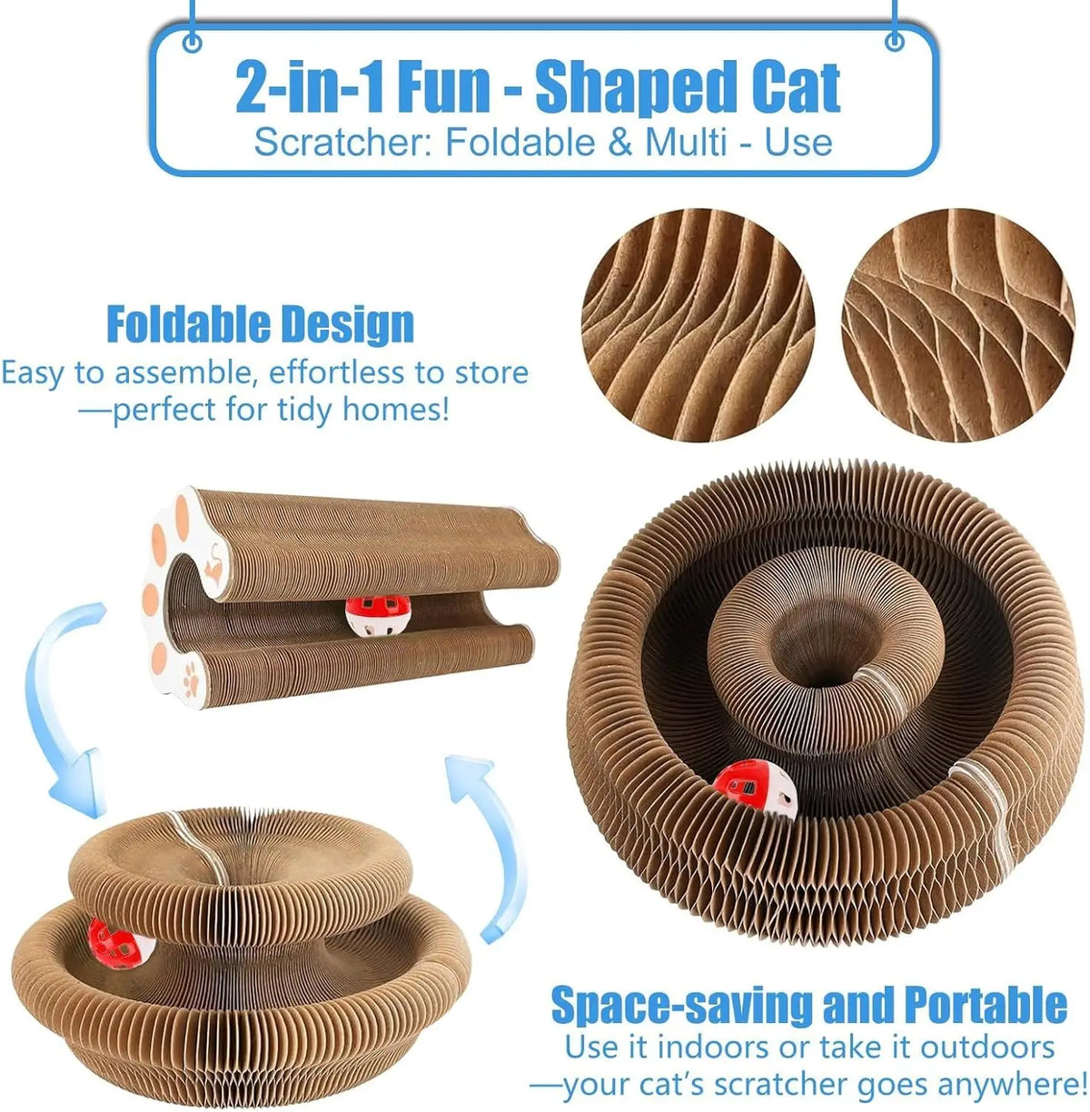 2-Pack Magic Organ Cat Toy | Kitty Curls Cat Toy | Reversible Cat Scratcher Pad with Bell Balls, Corrugated Cardboard Scratching