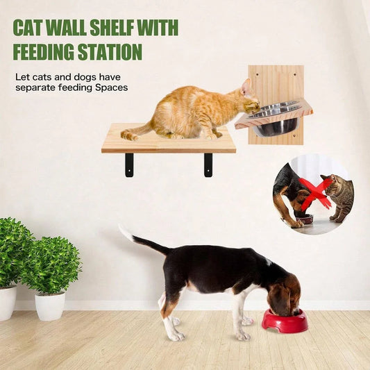 Cat Wall Shelves Cats Feeding Shelf with 2 Stainless Steel Bowls Wood Perch Suitable for Kitten Play Nap Eat Pet Wall Furniture