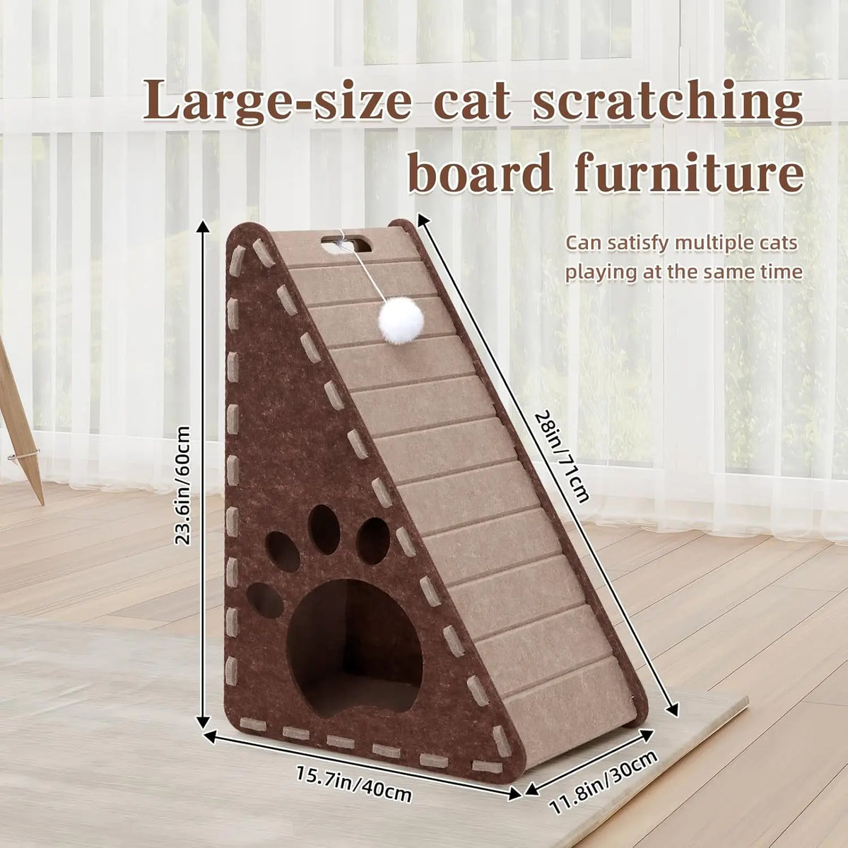 Triangle Felt Cat Scratcher for Indoor Cats - 3-in-1 Cat Scratch Pad with Cave & Ball Toy - Vertical Scratching Board Furniture