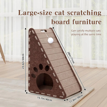 Triangle Felt Cat Scratcher for Indoor Cats - 3-in-1 Cat Scratch Pad with Cave & Ball Toy - Vertical Scratching Board Furniture