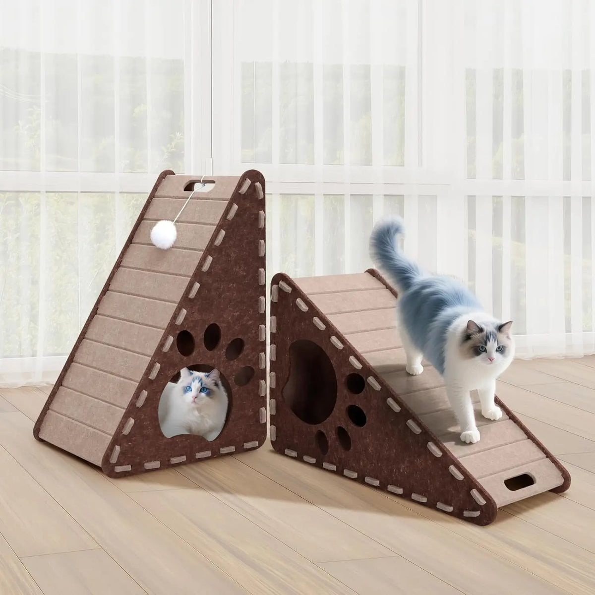Triangle Felt Cat Scratcher for Indoor Cats - 3-in-1 Cat Scratch Pad with Cave & Ball Toy - Vertical Scratching Board Furniture