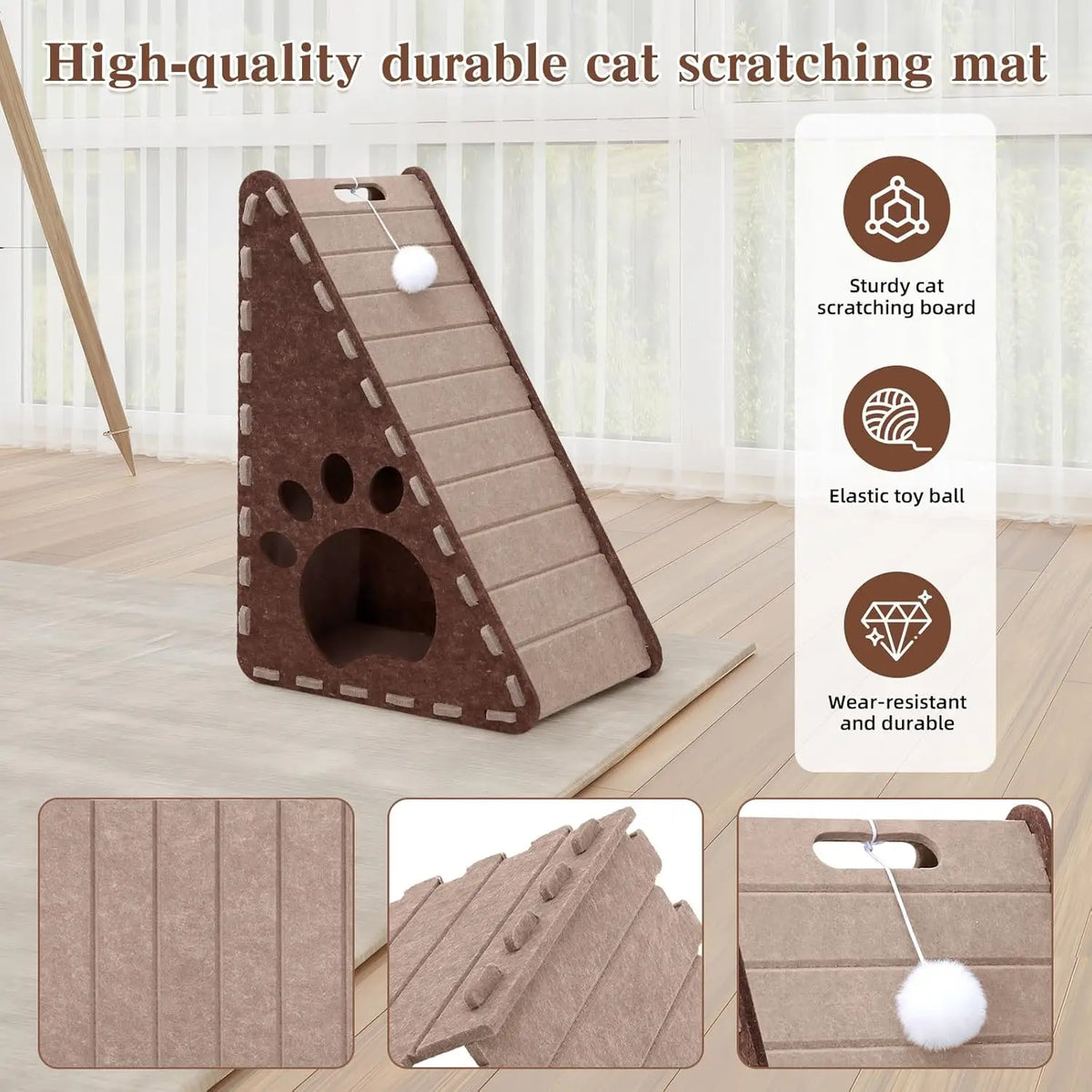 Triangle Felt Cat Scratcher for Indoor Cats - 3-in-1 Cat Scratch Pad with Cave & Ball Toy - Vertical Scratching Board Furniture