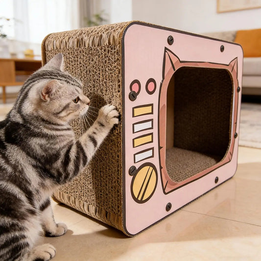Cardboard Cat House in pink TV shape with corrugated brown scratcher surface and a kitten scratching it