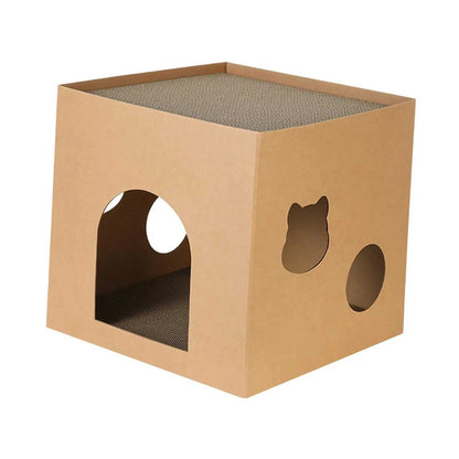 Cat Cardboard House made of natural brown recycled corrugated cardboard with a cube shape and cutout entry and cat face design