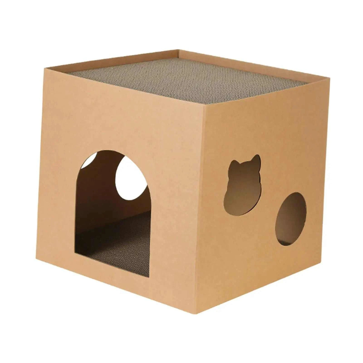 Cat Cardboard House in natural brown recycled corrugated cardboard with arched entrance and cat-shaped side cutout