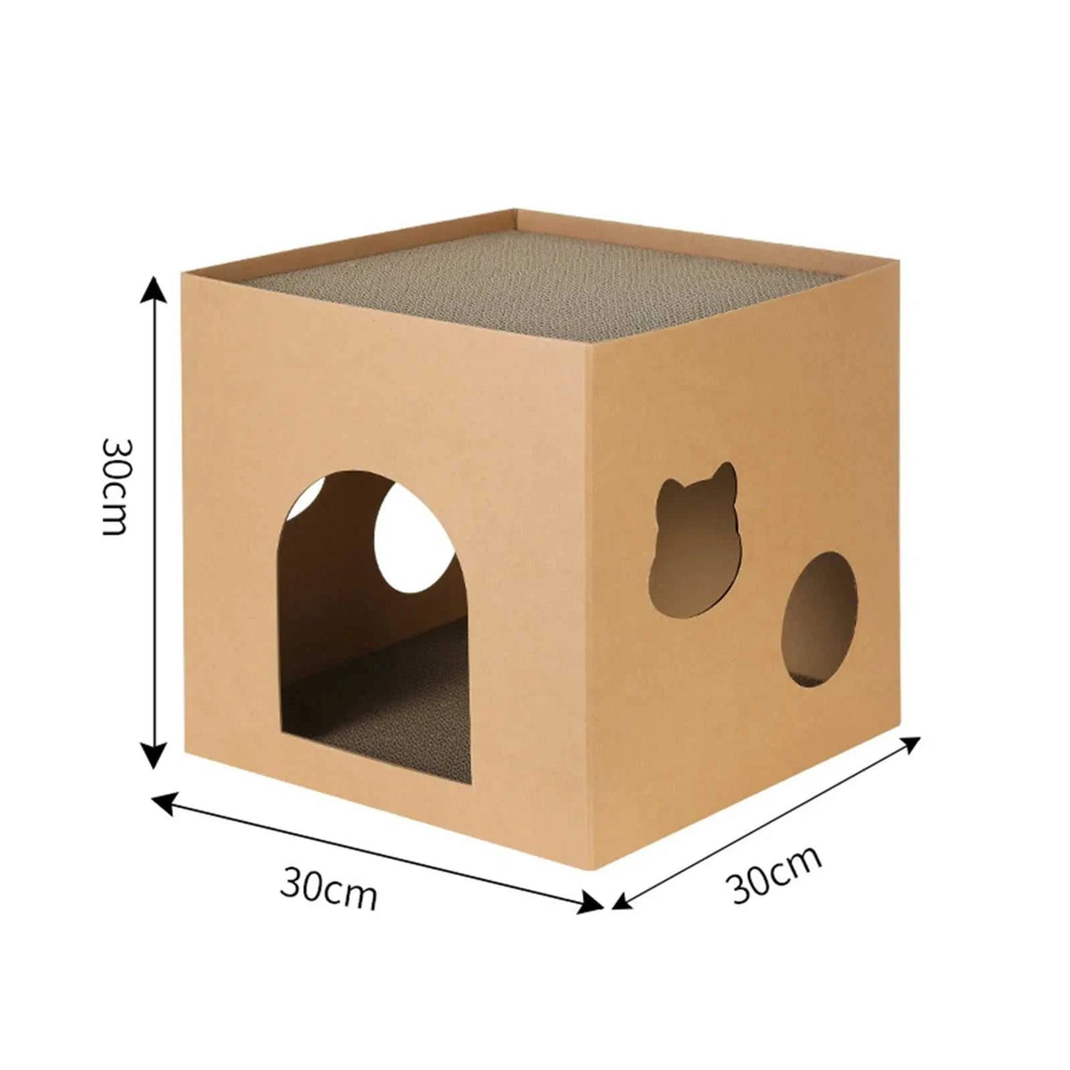 Cat Cardboard House in natural brown recycled corrugated cardboard with square shape and cat-shaped side cutout for scratching and lounging