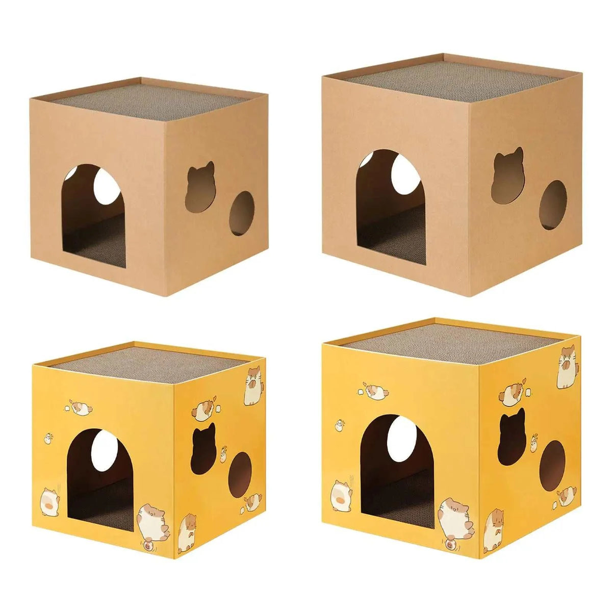 Cat Cardboard House in natural and yellow corrugated cardboard with cat-shaped and circular entrance cutouts, cozy and decorative