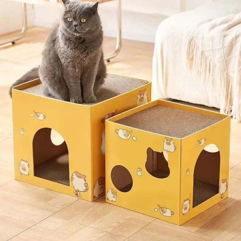 Cat Cardboard House in yellow with cartoon hamster print, featuring multiple playful cut-out shapes and corrugated scratch surfaces