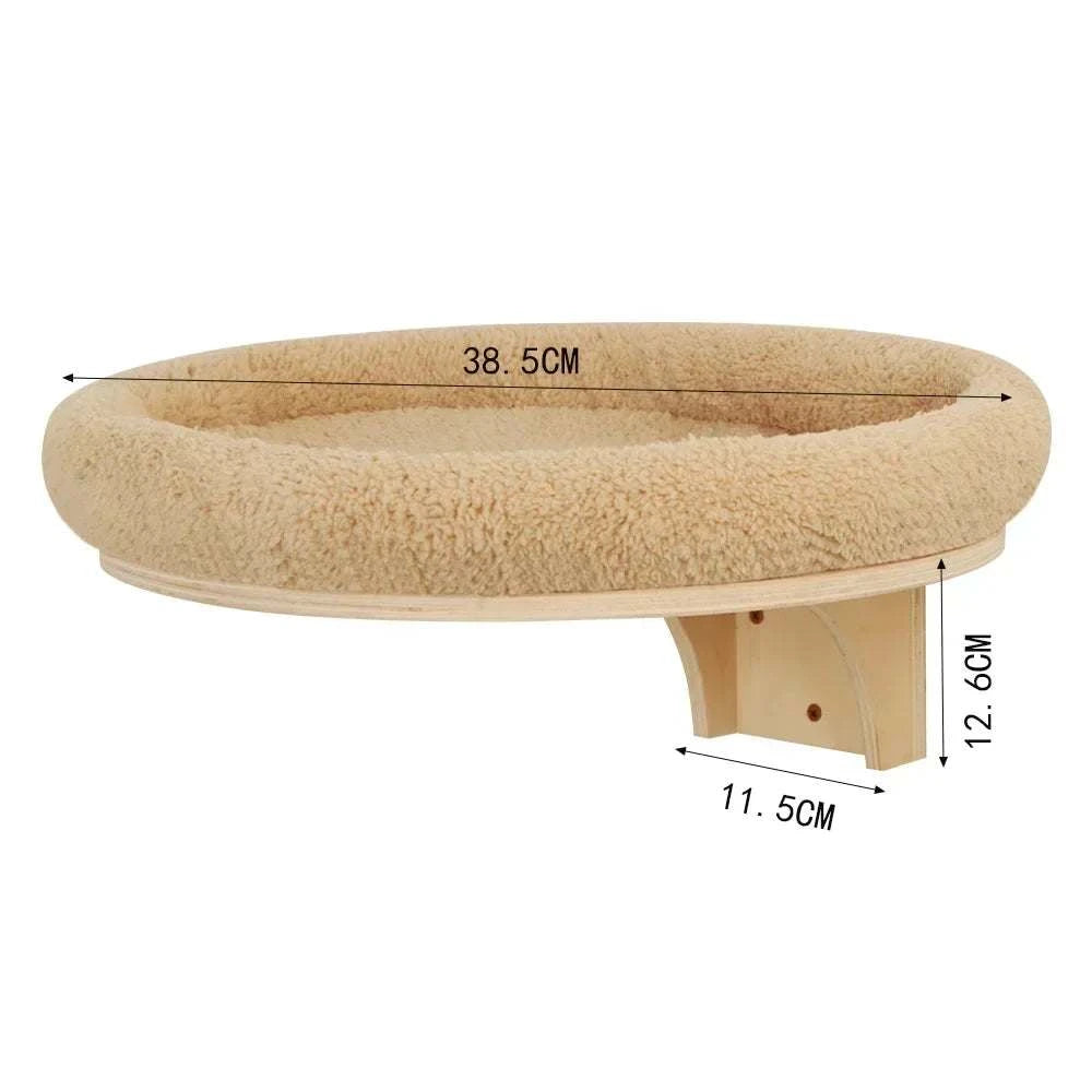 Cat ladder beige circular cushioned platform with wooden wall mount bracket for indoor climbing and lounging
