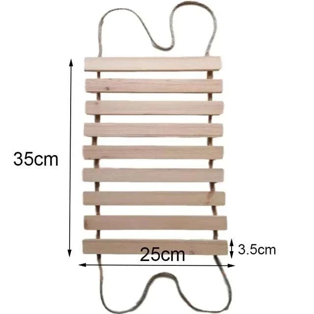 Cat ladder made of natural light pine wood and sisal rope with evenly spaced rungs, measuring 35 cm by 25 cm