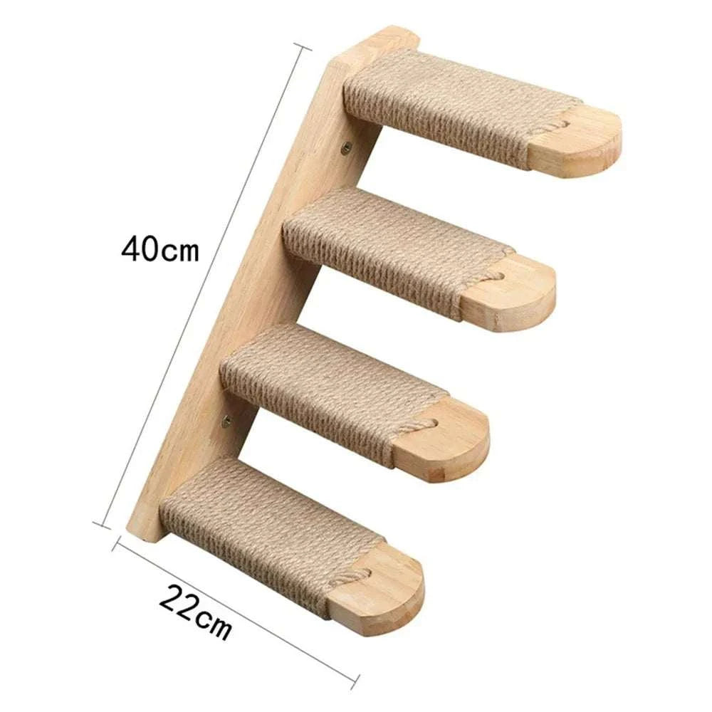 Cat ladder with four natural wood steps wrapped in sisal rope, designed for wall mounting, measuring 40cm height and 22cm depth