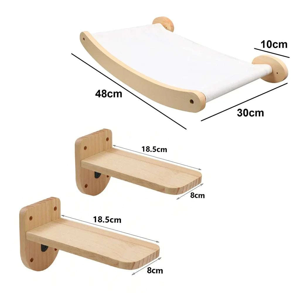 Cat ladder with natural pine wood shelves and a curved canvas hammock in beige and white, with dimensions shown