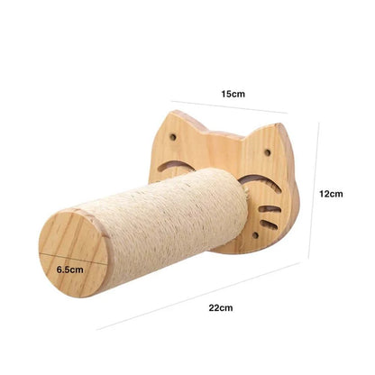 Cat ladder made of natural pine wood with sisal rope scratching post shaped like a cat face with dimensions labeled