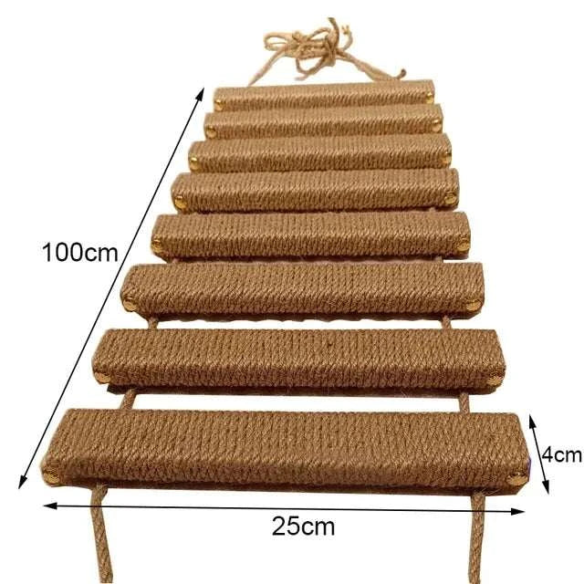 Cat ladder made of natural pine wood steps wrapped in sisal rope, measuring 100cm by 25cm, with rope sides and knots for hanging.