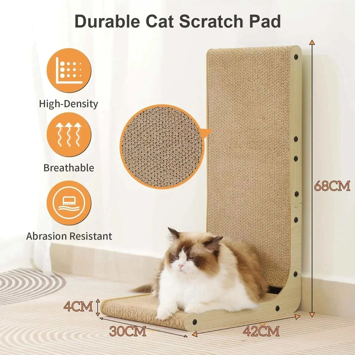 L-shaped cat scraper with double-sided high-density cardboard scratching surface in beige with a cat resting on it