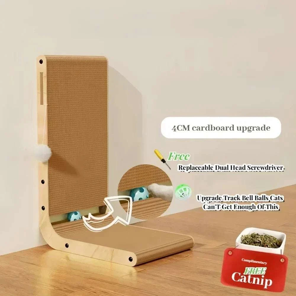 L-shaped cat scraper with double-sided corrugated cardboard scratching surfaces and wooden frame with cat toys and free catnip