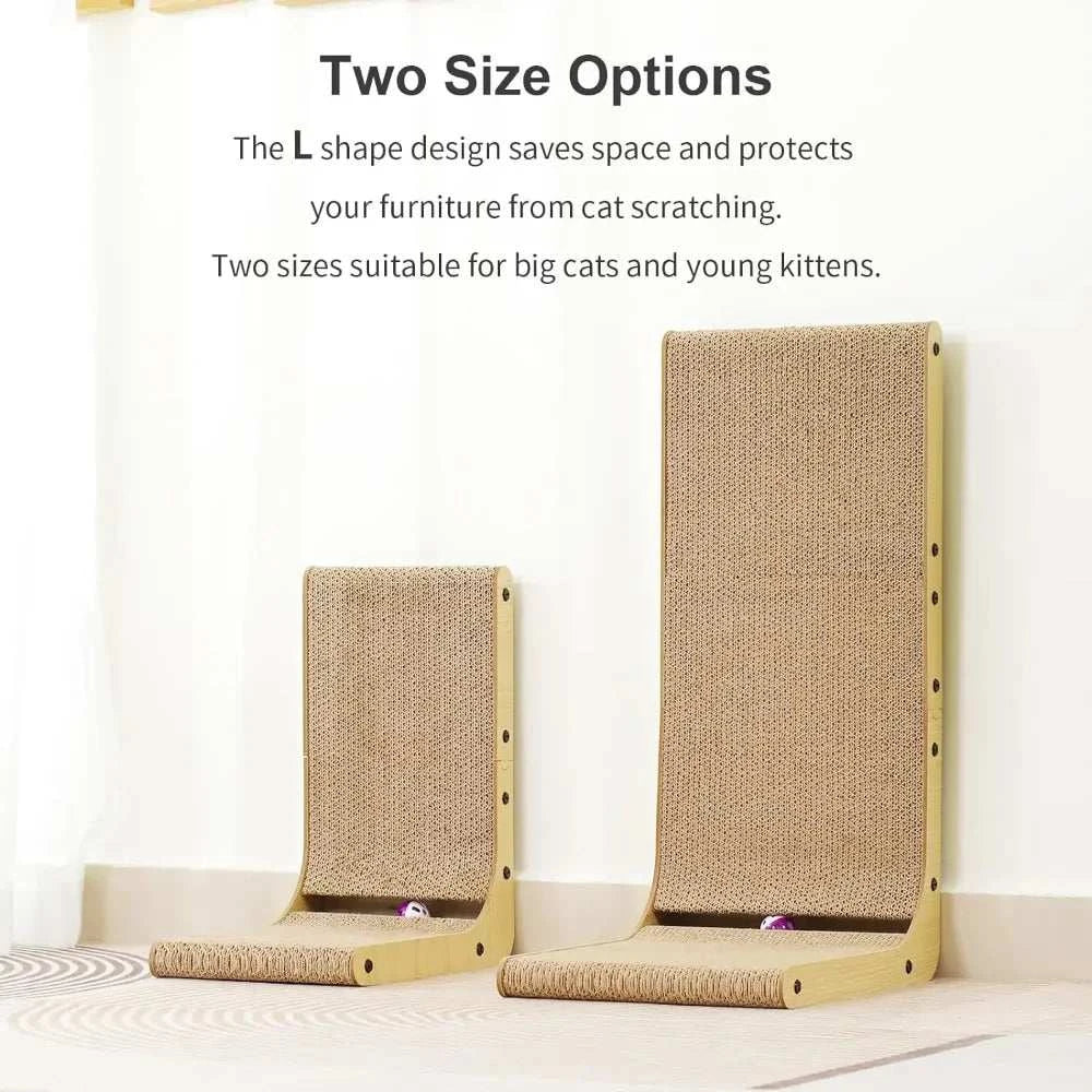 cat scraper L-shaped furniture protectors in small and large sizes with natural wood frame and woven scratch surface