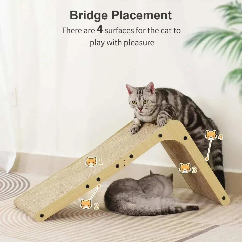 L-shaped wooden cat scraper with double-sided beige scratching surfaces and two cats playing on and under it
