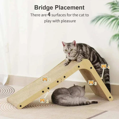 L-shaped wooden cat scraper with double-sided beige scratching surfaces and two cats playing on and under it