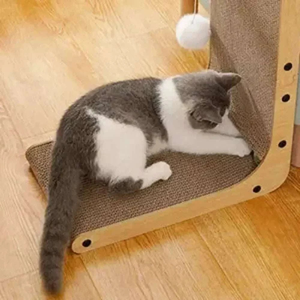 L-shaped cat scraper with wooden frame and brown textured double-sided scratching surface featuring a gray and white cat using it