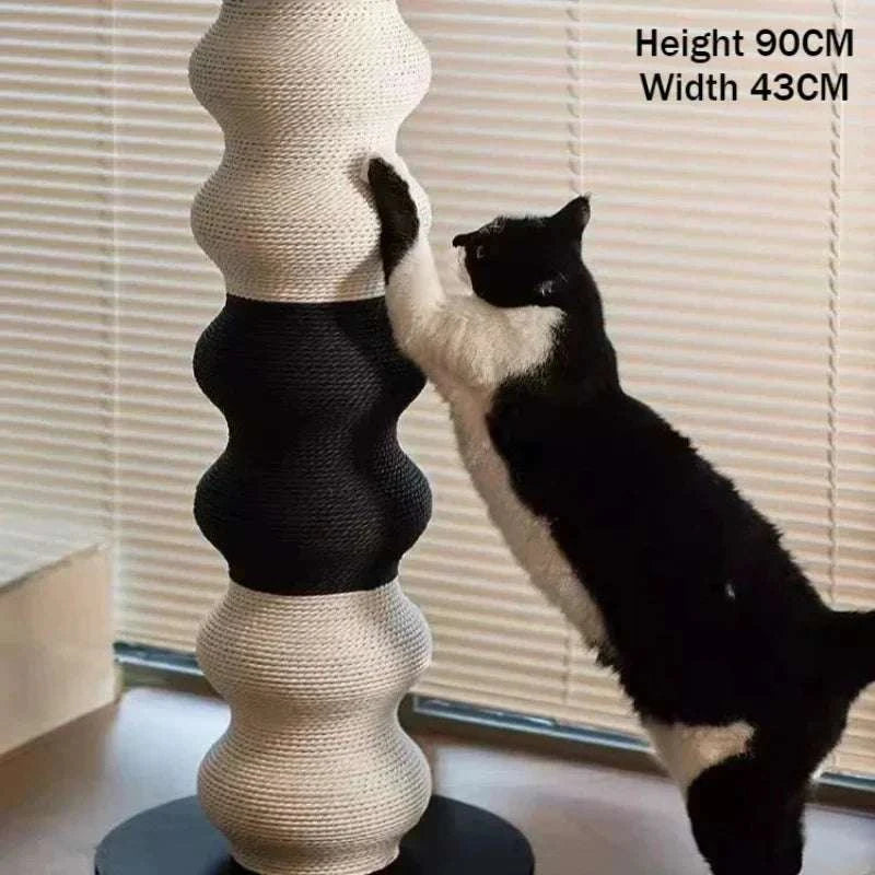 Cat Scratching Post in beige and black woven material with curvy segmented design, featuring height 90CM and width 43CM