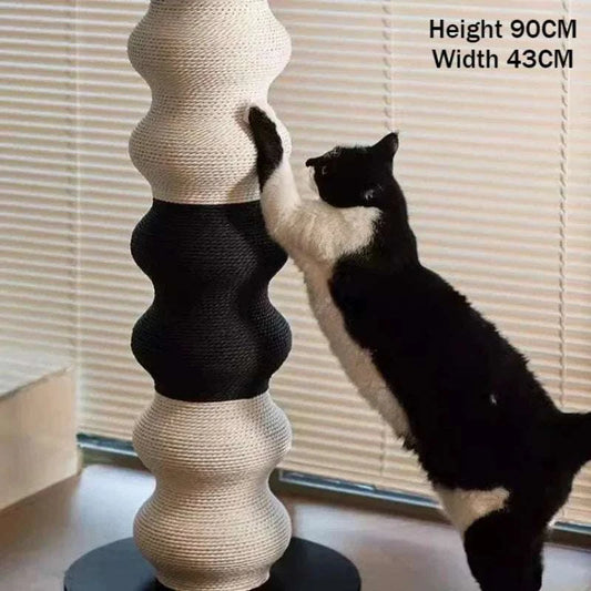 Cat Scratching Post in beige and black woven material with curvy segmented design, featuring height 90CM and width 43CM