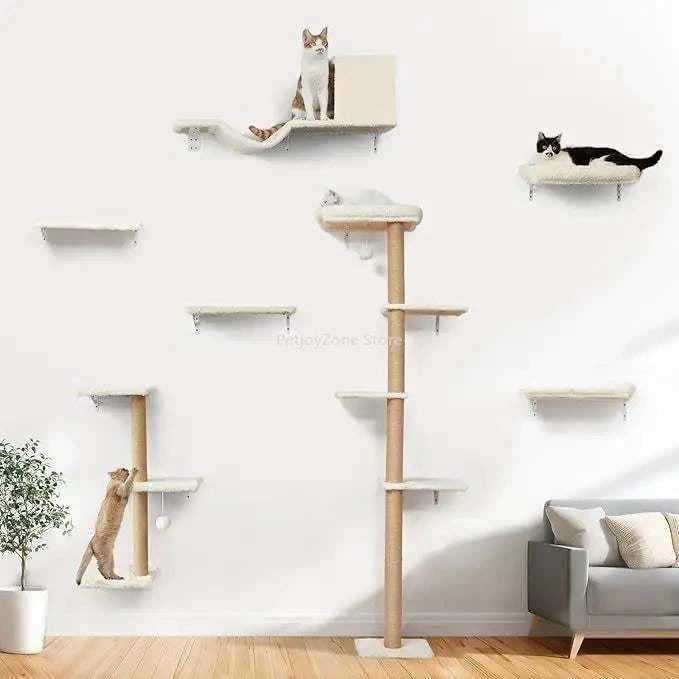 FUKUMARU Cat Wall Shelves set in beige wood and fabric with multiple climbing platforms, scratching posts, and resting areas with cats using them