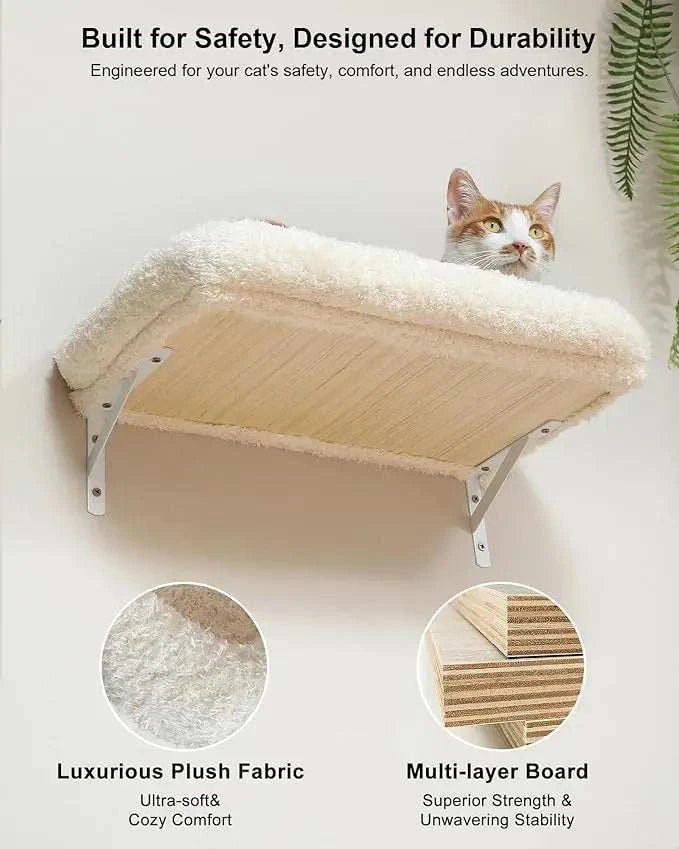 FUKUMARU Cat Wall Shelves with fluffy white plush fabric and sturdy multi-layer wooden board supporting a relaxed ginger and white cat