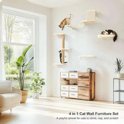 FUKUMARU Cat Wall Shelves wooden 4-in-1 beige fabric climbing and resting platforms with built-in scratching posts on white wall