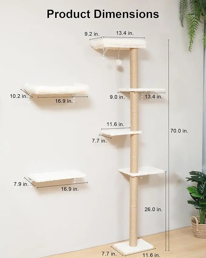 FUKUMARU Cat Wall Shelves wooden indoor cat wall-mounted climbing and scratching set with 7 platforms and fabric padding