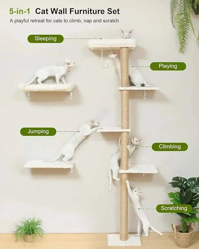 FUKUMARU Cat Wall Shelves wooden cat tree set with multiple cream fabric platforms for climbing, scratching, and playing