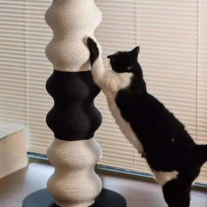 Luxury Cat Scratching Post in black and white with textured curves, featuring a vertical design and a stretching cat using it