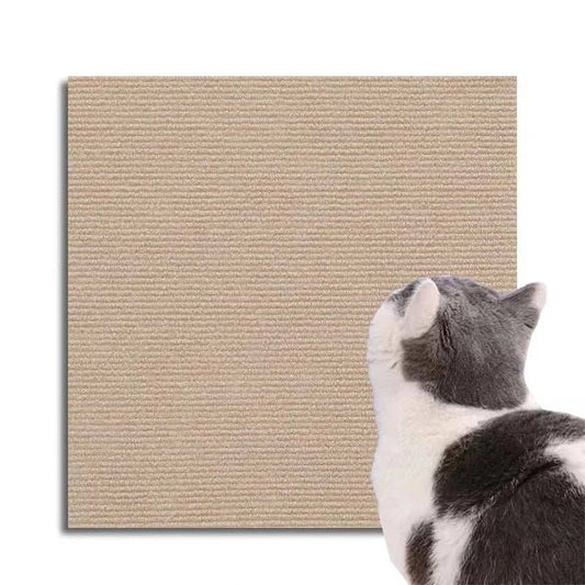 Self Adhesive Cat Scratcher Mat in beige felt with a textured surface shown next to a gray and white cat