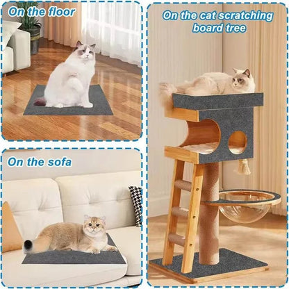 Self Adhesive Cat Scratcher Mat in dark grey felt shown on floor, sofa, and cat scratching board tree with cats lounging on it