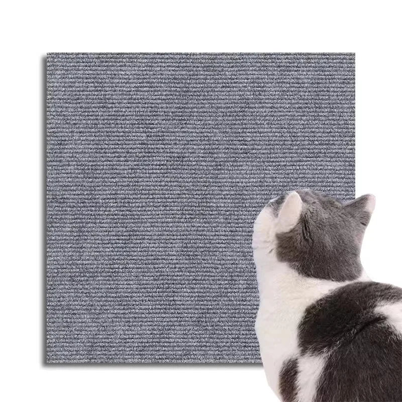 Self Adhesive Cat Scratcher Mat in grey textured felt with a white and grey cat scratching the surface