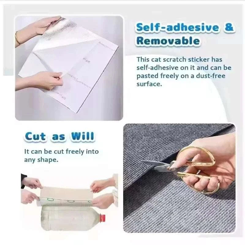Self Adhesive Cat Scratcher Mat in off-white felt showing peel-and-stick adhesive backing with scissors cutting mat into shape